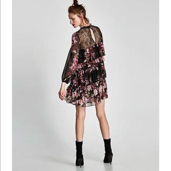 Zara black lace floral tiered ruffle boho dress M - Picture 11 of 11